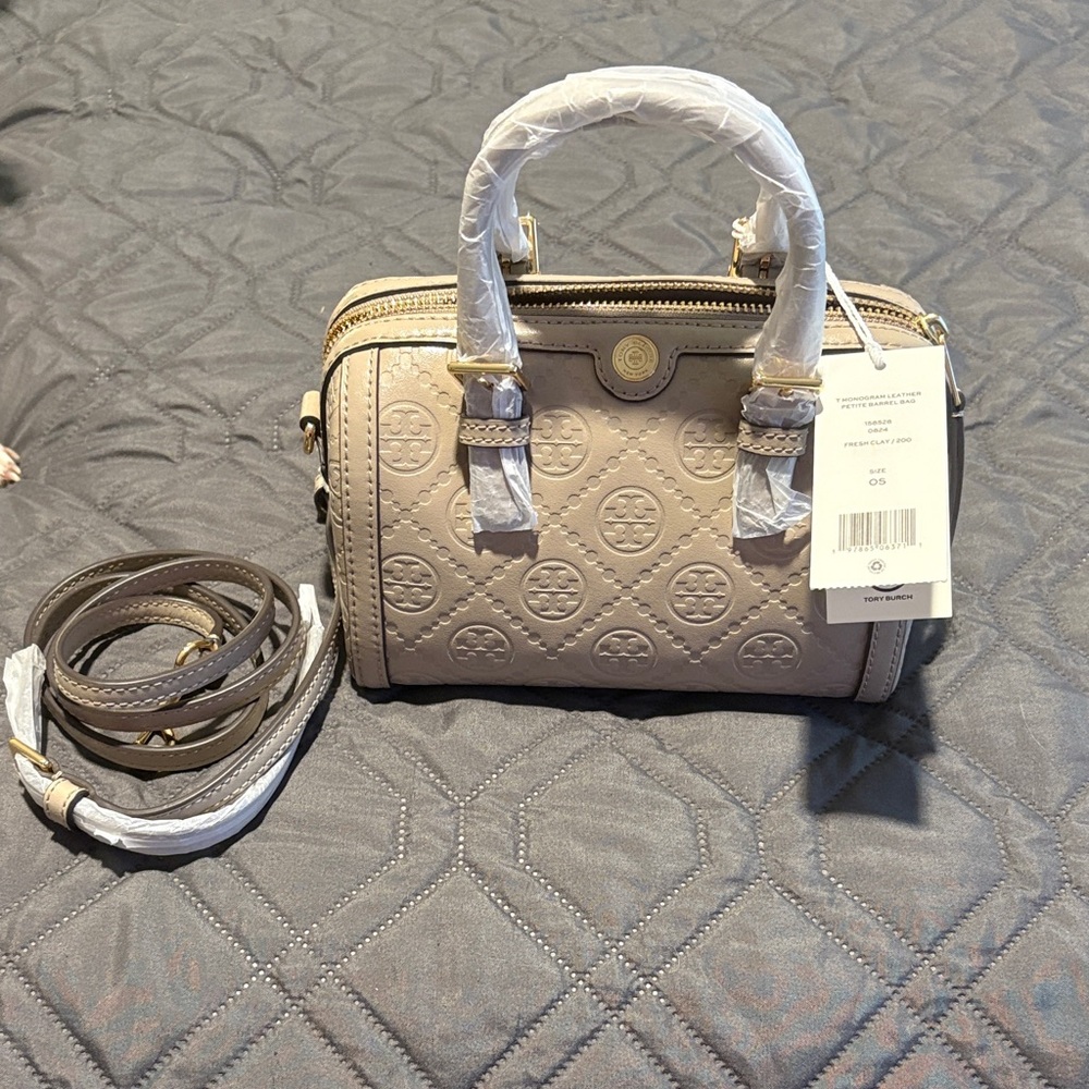 Tory Burch T Monogram Leather Petite Barrel Bag Fresh Clay NWT
